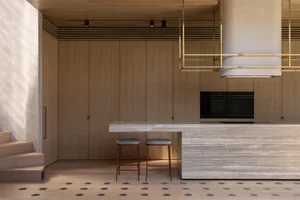 A modern residential kitchen featuring wooden cabinets, marble countertops, and brass handy fasteners.
