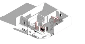 3D rendering of a modern shop interior with a metal frame structure and minimalist design.