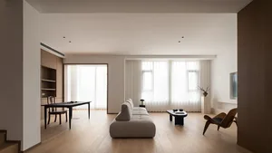 A contemporary living room with minimalist design, featuring light-colored wood furniture and a large window with sheer curta