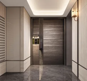 A modern elevator interior featuring wooden panels and marble flooring.