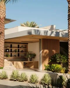 Modern architectural exterior featuring concrete, wood, and glass materials.