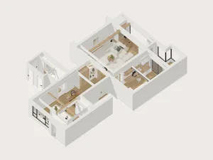 A 3D rendering of a minimalist apartment interior with white walls, light-colored wood floors, and neutral-colored furnishing