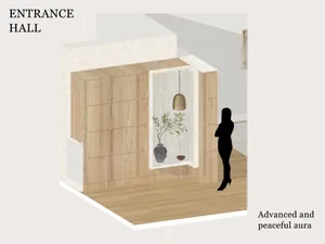 A modern entrance hall with wooden walls and a built-in shelf displaying a plant and vase.