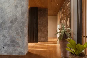 A modern entrance hall with a wall of natural stone and wooden flooring.