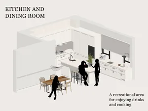 A modern minimalist kitchen dining room with white cabinets, marble countertops, and a wooden table.