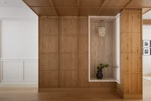 A living room featuring wooden walls, built-in shelves, and marble accents.