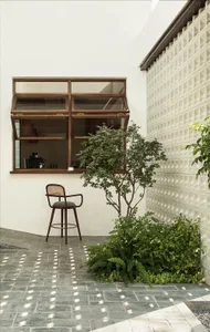 A minimalist interior space featuring concrete materials and a small green tree.