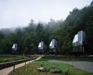 Modern metal and glass houses nestled in a forested rural setting.
