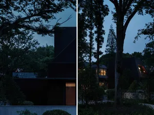 A modern house with black exterior walls and metal roof at dusk.
