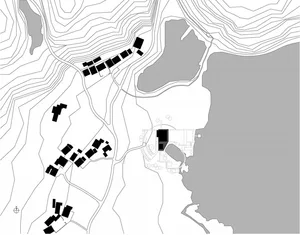 A topographical map with black lines representing elevation changes on a white background.