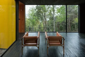 Modern interior design featuring wooden floors and a large glass window overlooking a forested area.