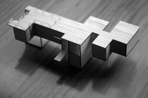 A modern residential house rendered in wood material