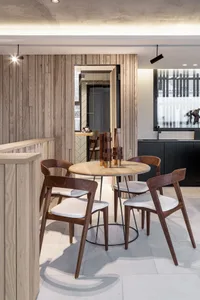 A modern interior design featuring wooden furniture and elements.