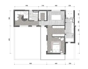 Modern interior design floor plan featuring wooden flooring.