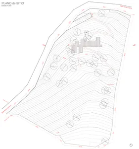 Detailed architectural drawing of a building site with labeled dimensions and contours.