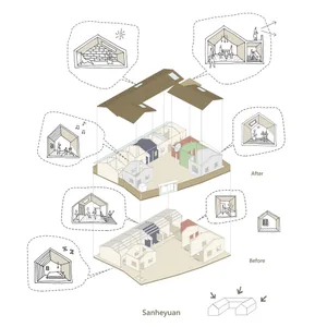 An architectural rendering showcasing residential interiors with mixed materials.