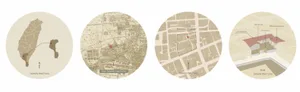 Historical landmark plan on paper, with detailed street layout and building locations.