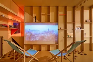 Minimalist entertainment room with wooden shelves and a projected image of a person in the grass.