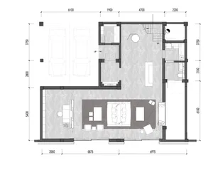 Floor plan of a modern apartment with living room, kitchen, bedrooms, and bathrooms.