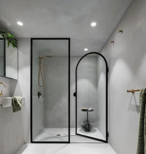 Modern bathroom interior with minimalist design featuring concrete walls and floor
