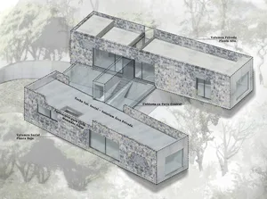 一張以石材與玻璃材質呈現的現代住宅插圖，採用開放式平面配置。