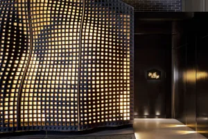 Modern entrance illuminated by a metallic grid wall