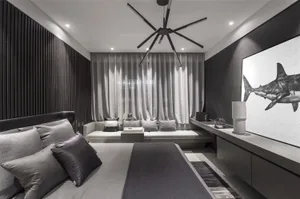Modern minimalist bedroom featuring textured fabrics and wood elements
