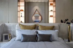 Modern minimalist bedroom featuring fabric, leather, glass, and metal elements