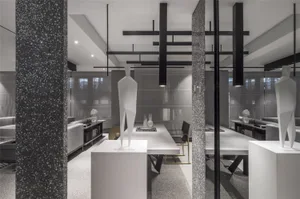 Modern office space featuring metallic black and white accents