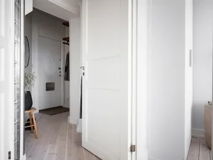 A minimalist interior with white porcelain and wooden flooring and doors.