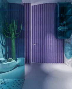 A modern bathroom characterized by purple crystal materials and a sleek, minimalist design.