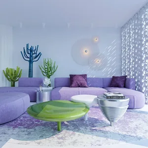 A modern living room with purple furniture and green and silver coffee tables.