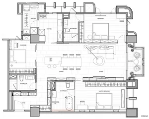 Floor plan of a modern residential interior with tiled flooring.