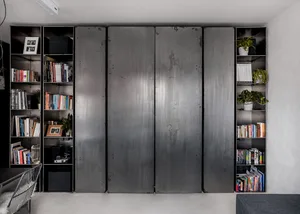 Industrial-style bookshelves and metal storage units