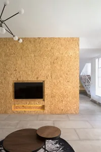 A modern industrial living room features a wall clad in oriented strand board (OSB), creating a minimalist and functional spa