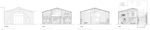 Cross-sectional views of a modern brick residential building with different sections depicted.