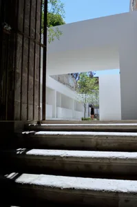 A minimalist interior space with concrete features.