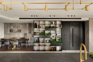 Modern interior with concrete walls, metal accents, and a mix of textures and colors.