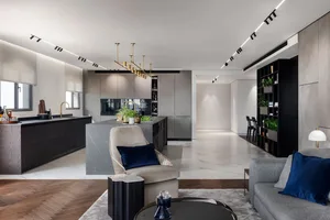 Modern living room and kitchen with marble finishes.