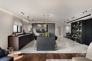 Modern residential kitchen featuring marble countertops and minimalist design.
