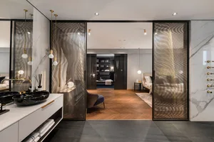 Modern living room featuring marble and metal materials