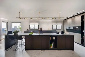 A modern residential kitchen with marble countertops and dark wood cabinets.