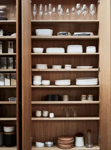 Organized kitchen storage with wooden shelves and ceramic dishware.