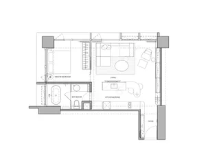 Floor plan of a modern apartment with neutral color scheme.