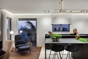 A modern residential interior with a combination of white and wood materials.