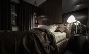 Modern bedroom featuring a leather bed and dark furniture.