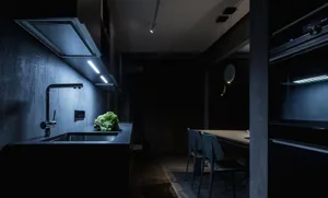 Modern minimalist kitchen with metallic surfaces and black countertops.