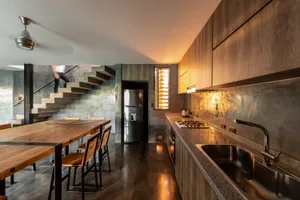 A modern residential kitchen featuring steel appliances, wooden accents, and concrete elements.