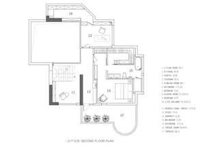 Floor plan of a residential interior's second floor, showcasing various rooms and spaces.