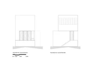 Elevation drawings showing the exterior facade of a building with metal panels and a staircase.